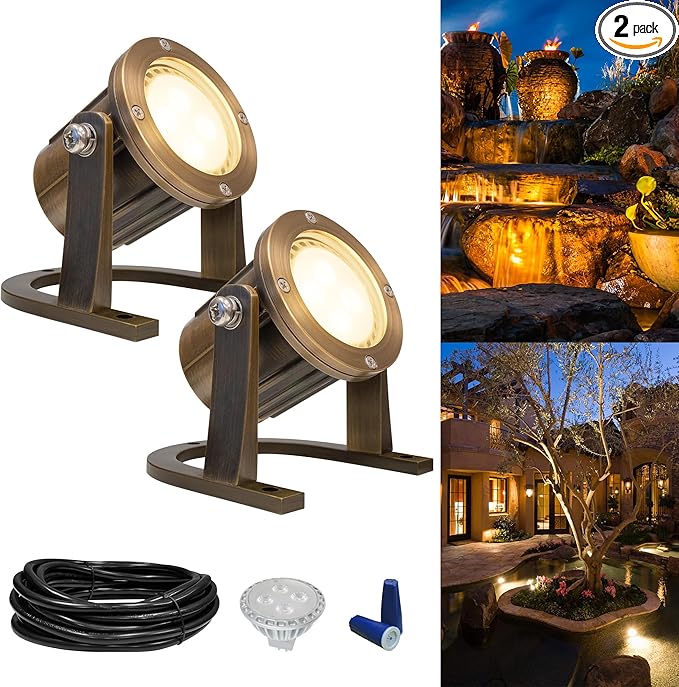 GKOLED Solid Brass Underwater Light, Low Voltage LED Pond Lights, Submersible Fountain Lighting with 5W 2700K 410LM MR16 Bulb, 9-15V AC/DC Outdoor Landscape Light, IP68 Rated Pool Spotlights, 2 Pack