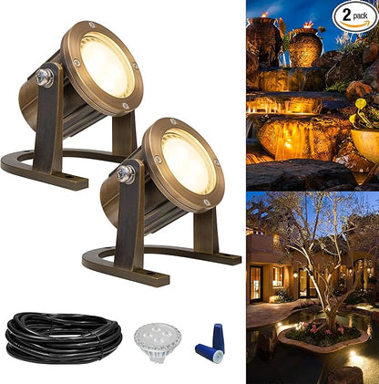 GKOLED Solid Brass Underwater Light, Low Voltage LED Pond Lights, Submersible Fountain Lighting with 5W 2700K 410LM MR16 Bulb, 9-15V AC/DC Outdoor Landscape Light, IP68 Rated Pool Spotlights, 2 Pack