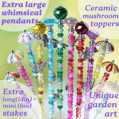 Fairy Wand Garden Stake Beads Kits,Beaded Decorative Garden Stakes Kit, 6 Large(14in) + 6 Mini (6in) Beaded Fairy Garden Stakes with Crysta l& Ceramic Toppers