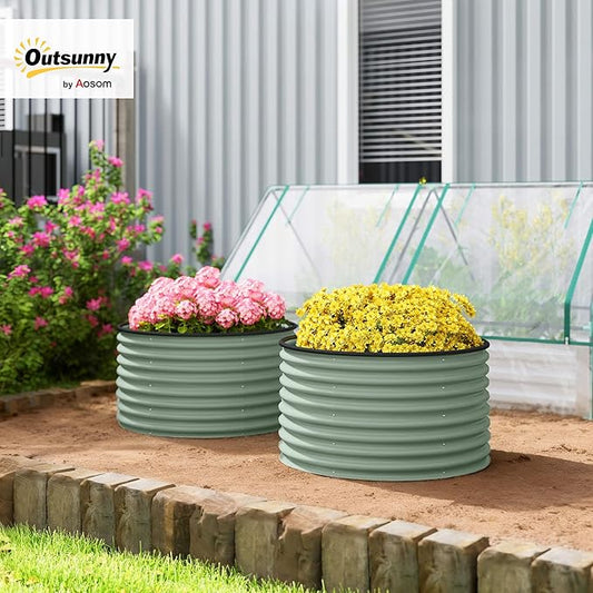 Outsunny Galvanized Raised Garden Bed Set of 2, Planters for Outdoor Plants with Safety Edging, Easy-to-Assemble Stock Tanks for Growing Flowers, Herbs and Vegetables, 3' x 3' x 2', Light Green