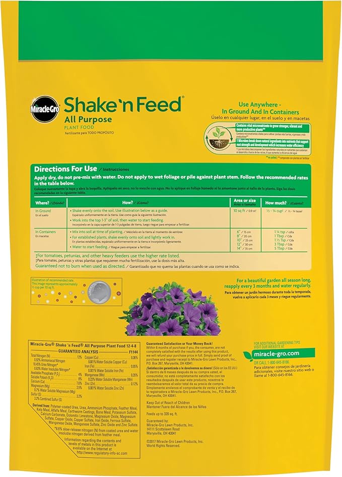 Miracle-Gro Shake 'N Feed All Purpose Plant Food - Outdoor and Indoor Plant Food for In-Ground and Containers, Feeds for up to 3 Months, 8 lbs.