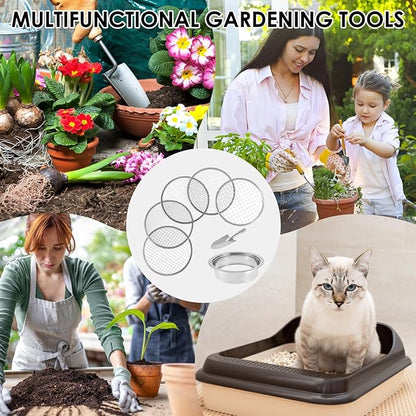 Soil Sieve Set with 5 Interchangeable Meshes Sizes 1/3/6/9/12mm, Stainless Steel Riddle Sieve Pan with Shovel 24cm Garden Potting Soil Sifter for Gardening Dirt Sand Soil Rocks