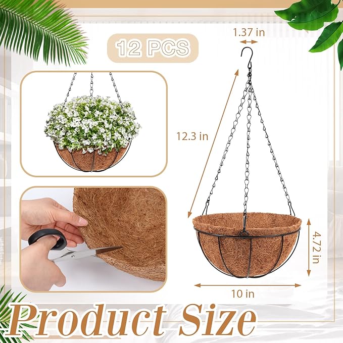Dandat 12 Pack 10 Inch Metal Hanging Planter Basket with Coconut Coir Liner Metal Wire Plant Holder Chain Watering Outdoor Hanging Pots Flower Pot Hanger for Porch Indoor Outdoor Garden Decorations