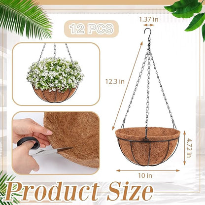 Dandat 12 Pack 10 Inch Metal Hanging Planter Basket with Coconut Coir Liner Metal Wire Plant Holder Chain Watering Outdoor Hanging Pots Flower Pot Hanger for Porch Indoor Outdoor Garden Decorations