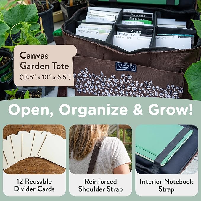 SEED STORAGE ORGANIZER TOTE BAG - Flexible Canvas Seed Organizer Holds 180 Seed Packets with Shoulder Strap, Side Pockets and 12 reusable Tabs for Gardeners | Water Resistant Bottom, Notebook Straps
