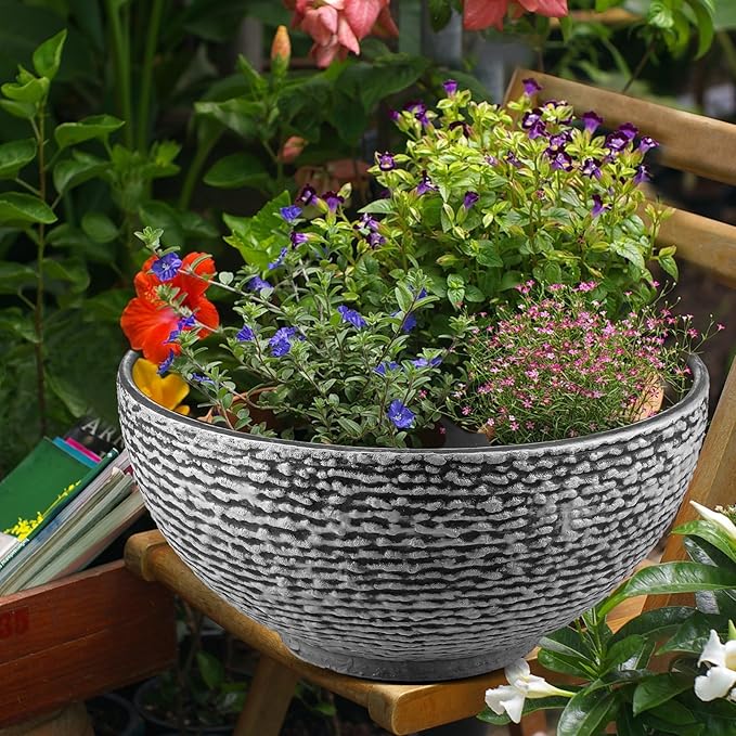 2 Pack Water Lily Planter Bowl, 15.6 Inch Large Lotus Flower Bowl Fit Hydroponic Succulent Planter Water Plant Container for Indoor Outdoor Garden Balcony Patio Fish Pond Bird Bath (Gray)