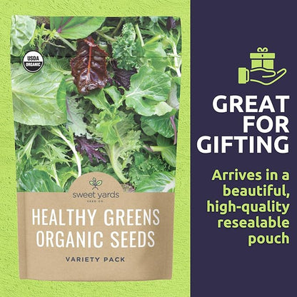Organic Healthy Greens Seeds Variety Pack - 12 Individual Packs - 2026 Season - Arugula, Kale, Swiss Chard, Spinach, Mustard & More! for Indoor & Outdoor Planting (Non-GMO, Certified Organic)