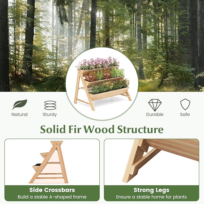 3-Tier Raised Garden Bed, Vertical Garden Planter w/Storage Shelf, Bed Liner & 2 Side Hooks, Wood Elevated Planter Box Outdoor for Plants Vegetables Flowers Herbs,Natural