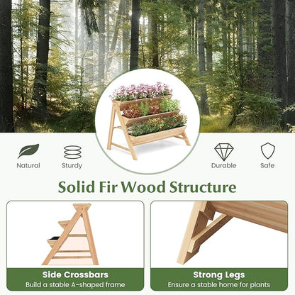 3-Tier Raised Garden Bed, Vertical Garden Planter w/Storage Shelf, Bed Liner & 2 Side Hooks, Wood Elevated Planter Box Outdoor for Plants Vegetables Flowers Herbs,Natural