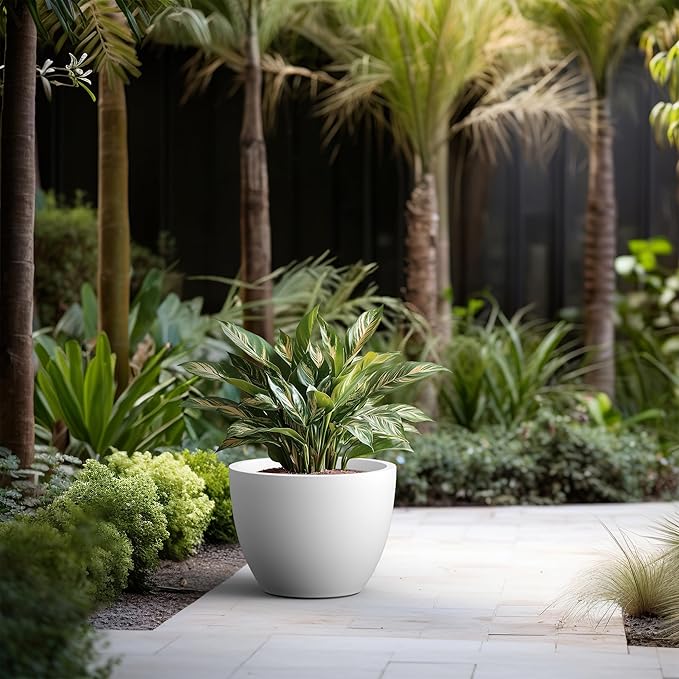 Kante 17.3 Inch Round Concrete Planter - Classic Large Indoor/Outdoor Plant Pot with Drainage Hole and Rubber Plug, Suitable for Gardens and Patios, White