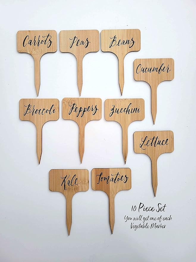 10Pcs Vegetable Garden Markers Set, Hand Lettered Bamboo Plant Label Stakes, Wood Garden Tags Outdoor & Waterproof, Gardener Father's Day Gift (Vegetables)