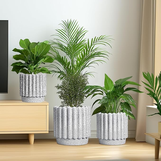 Ceramic Flower Pots - 9.6 Inch Indoor Planter, Decorative Ceramic Plant Pots with Drainage Hole, Fluted Round Large Planter Outdoor, Living Room Decor, Gifts for Women Men, Black and White