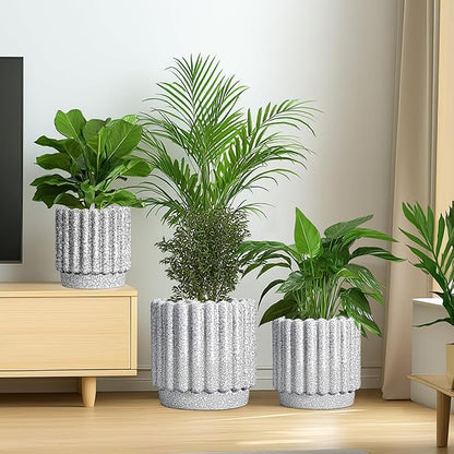 Ceramic Flower Pots - 9.6 Inch Indoor Planter, Decorative Ceramic Plant Pots with Drainage Hole, Fluted Round Large Planter Outdoor, Living Room Decor, Gifts for Women Men, Black and White