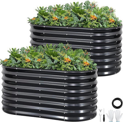 Galvanized Raised Garden Bed Outdoor 24'' Deep | Oval Metal Garden Beds with Easy Assembly & Planter Box for Planting Deep Root Vegetables Fruits Flowers, 4x2x2ft Grey 2pcs