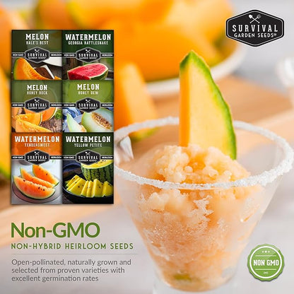 Melon Seeds for Planting Variety Pack – 6 Heirloom Cantaloupe, Honeydew & Watermelon Types – Honey Rock, Hale’s Best, Tendersweet, Georgia Rattlesnake – Survival Garden Seeds