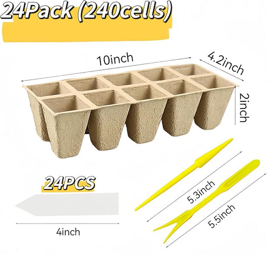 240 Cells Seed Starter Tray 24 Packs Biodegradable Peat Pots Germination Trays Organic Seed Starting Trays kit with 24 Labels 2 Transplant Tools