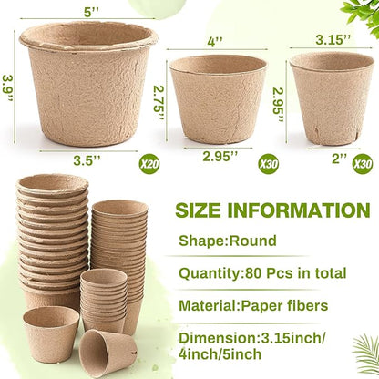 Karenhi 80 Pcs Peat Pots 5/4/ 3.15 Inch Biodegradable Organic Seed Starting Pots with Drainage Holes Round Nursery Plants for Vegetables, Herbs, Flowers Indoor Garden Germination