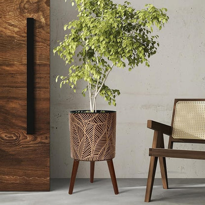 12inch Black Plant Pots for Indoor Plants Large Boho Flower Pot with Stand Modern Planters with Gold Floral Embossed Standing Planter with Drainage for Living Room, Office, Garden or Balcony