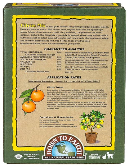 Down To Earth All Natural Fertilizers Organic Citrus Mix - Plant Food for Lemons, Limes, Oranges and Avocados 6-3-3, 5 lb