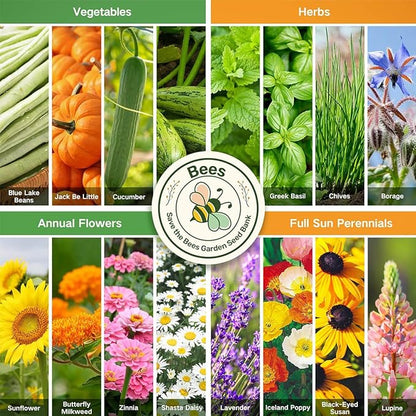 Lush&Dew Save Bees Garden Seed Bank, Gardening Gift for Women Men,16 Varieties Non-GMO Heirloom Pollinator-Friendly Vegetable Flower Seeds Kit, Planting in Raised Beds Outdoors, Milkweed Poppy Lupine