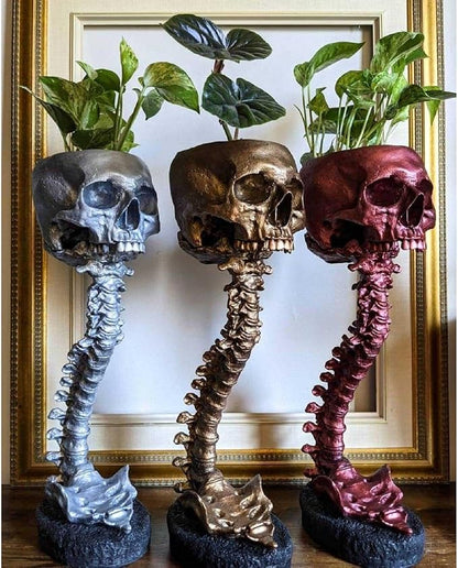 Skull Planter Gothic Skull Vase, Resin Skulls Bowl with Spine Stand Spooky Halloween Skeleton Tall Planters Centerpiece for Gothic Home Decor, Flower Pot, Candy Bowl