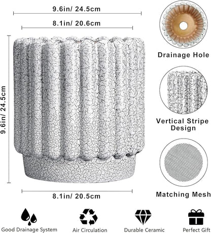 Ceramic Flower Pots - 9.6 Inch Indoor Planter, Decorative Ceramic Plant Pots with Drainage Hole, Fluted Round Large Planter Outdoor, Living Room Decor, Gifts for Women Men, Black and White