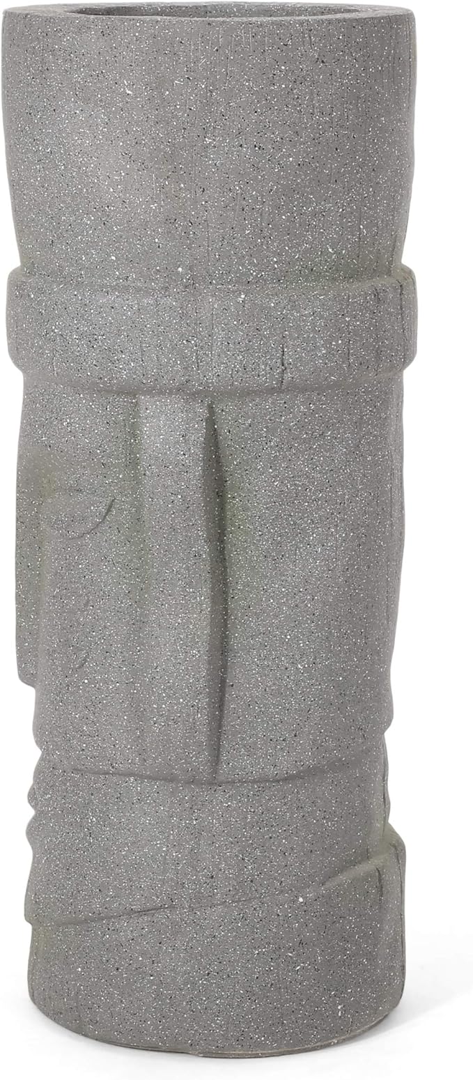 Christopher Knight Home Jorine Lightweight Concrete Planter, Cast Stone Planter, Moai Design Urn, Tall Plant Pot, Easter Island Garden Pot with Drainage Hole for Backyard Hall Garden, Stone Gray