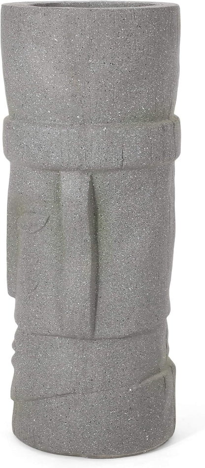 Christopher Knight Home Jorine Lightweight Concrete Planter, Cast Stone Planter, Moai Design Urn, Tall Plant Pot, Easter Island Garden Pot with Drainage Hole for Backyard Hall Garden, Stone Gray