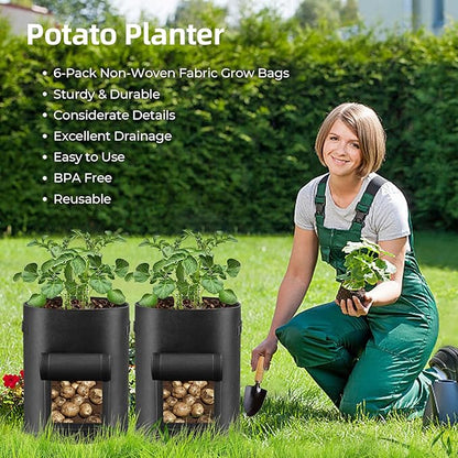 6 Pack Potato Grow Bags, 10 Gallon Planting Bags Large Fabric Pots with Flap Window Vegetable Planter Garden Pot Tall Potato Growing Containers with Handles for Vegetables, Fruits and More, Black