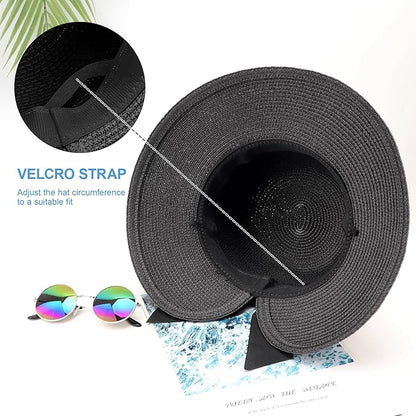 DRESHOW Sun Hats for Women Travel Fedora Foldable Beach Sun Hat Summer Wide Brim Straw Bucket Hat with Bowknot UPF 50+