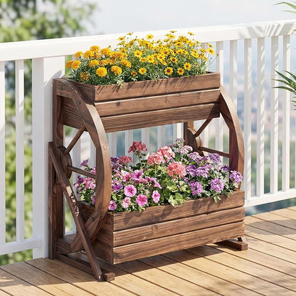 Giantex Wooden Wagon Planter Box, 2-Tier Garden Planter with Drainage Holes for Flowers Herbs Vegetables, Indoor Outdoor Decorative Planter Container for Patio Garden Balcony (1)