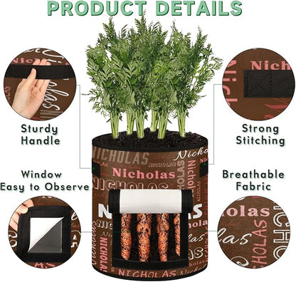 Custom Name Grow Bags 10 Gallon Personalized Breathable Potato Growing Bag with Flap Harvest Window and Handles Garden Planting Bag for Tomato Vegetable Fruits 2 Pack Chocolate Color