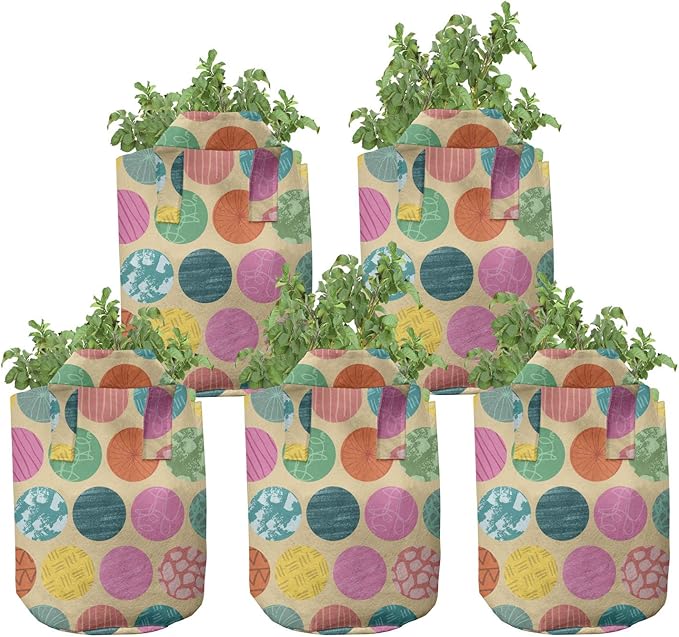 Ambesonne Beige Green Grow Bags 5-Pack, Camo Print Like Leaves, Heavyduty Fabric Pots with Handles for Plants, Olive Green