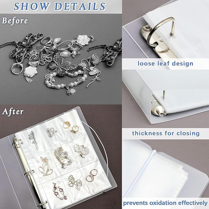 Transparent Jewelry Storage Binder Book Anti Oxidation Jewelry Zipper Bag Plastic Storage Holder Travel Earring Ear Stud Bracelet Necklace Organizer, Loose Leaf Book with 50 PVC Bags (288 Grids)