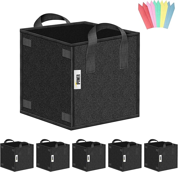 iPower 5-Pack 5 Gallon Square Grow Bags, Vegetable/Flower/Plant Fabric Pots with Handles, Heavy Duty Thickened Nonwoven Planting Bag, Black