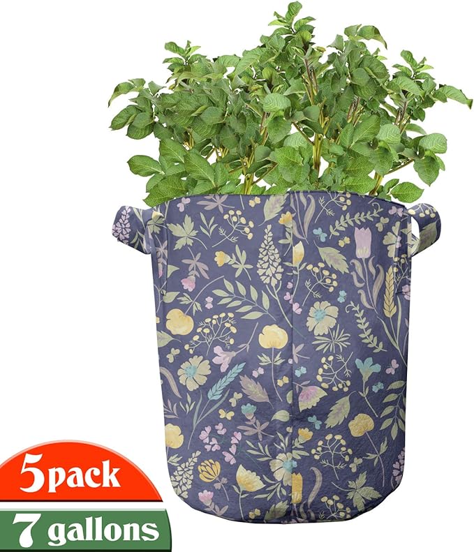 Lunarable Garden Grow Bags 5-Pack, Herbs Leaves Petals, Heavyduty Fabric Pots with Handles for Plants, Purple Yellow