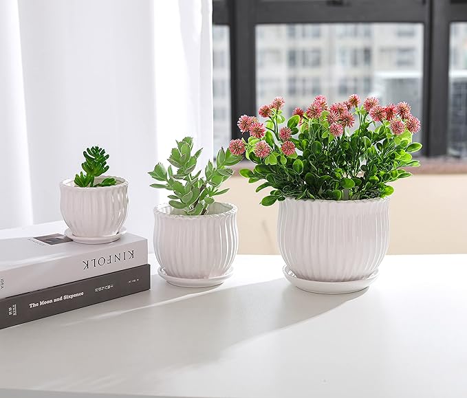 Ceramic Flower Plant Pots with Saucers, Modern Round Ceramic Succulent Planter Pots with White Stripe Texture, Small to Medium Sized, Set of 3