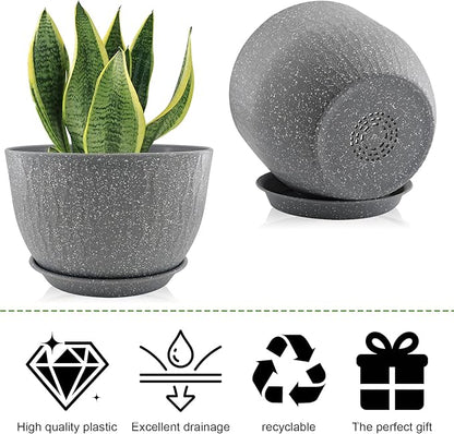 12/10/9 inch Plant Pots, 3 Pack Flower Pots for Outdoor Indoor Garden Plants, Large Planters with Multi Mesh Drainage Holes and Saucer (Speckled Grey, 12"+10"+9")