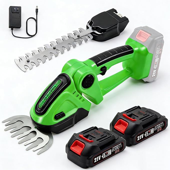 Cordless Hedge Trimmer, 2-in-1 Handheld Electric Hedge Trimmer/Grass Shears for Garden,Yard and Lawns, Shrub Trimmer with 2 PCS Rechargeable Battery&Charger (Green)
