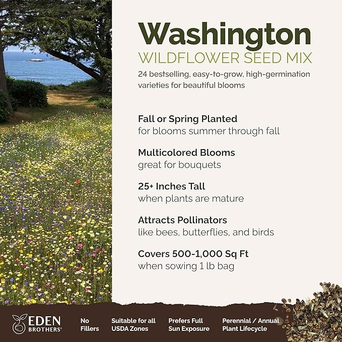 Eden Brothers Washington Wildflower Mixed Seeds for Planting, 1 lb, 480,000+ Seeds with Cosmos, Bluebell | Attracts Pollinators, Plant in Spring or Fall, Zones