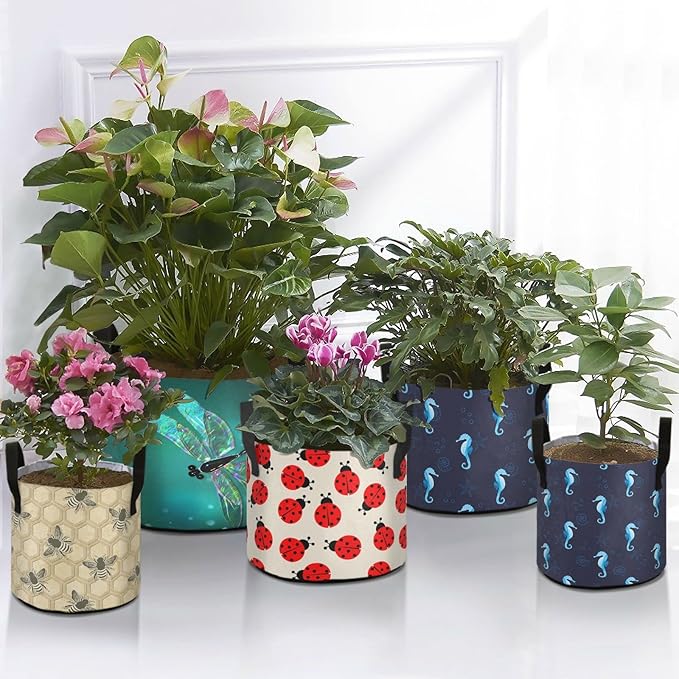 7 Gallon Nautical Sea Horse Starfish Shells Breathable Grow Bag Heavy Duty Thickened Plant Pot Containers with Handles for Potato Tomato Fruits Vegetables Flowers