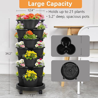 VECELO 7 Tier Vertical Garden Planter, Self Watering Stackable Planters with Wheels for Strawberries, Herbs, Flowers, Vegetables, Black