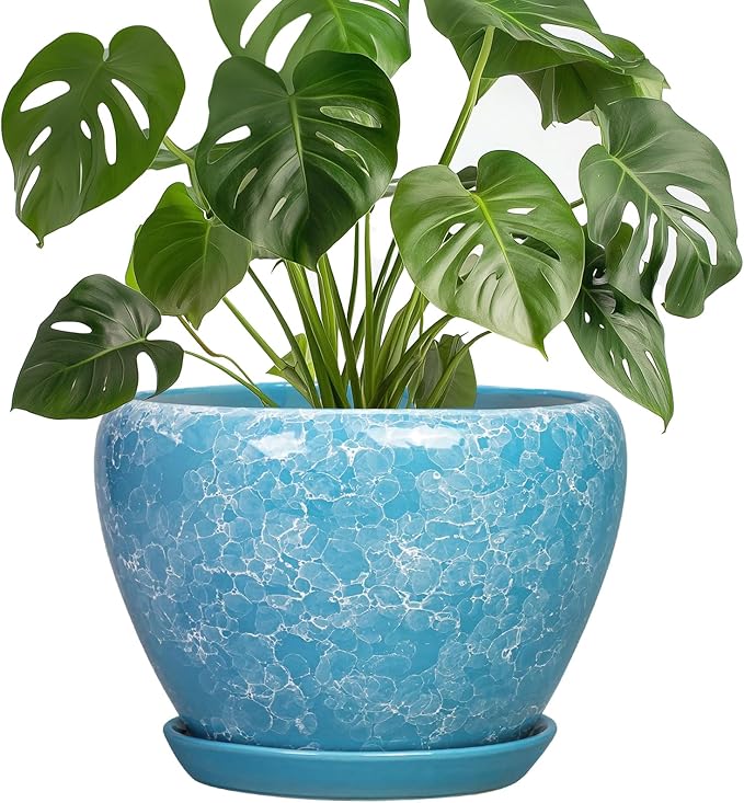 8 Inch Pots for Plants - Ceramic Planters for Indoor Outdoor Plants, Decorative Plant Pots with Drainage Hole and Saucer, Round Indoor Flower Pot, House Decor, Gardening Gifts, Bubble Blue
