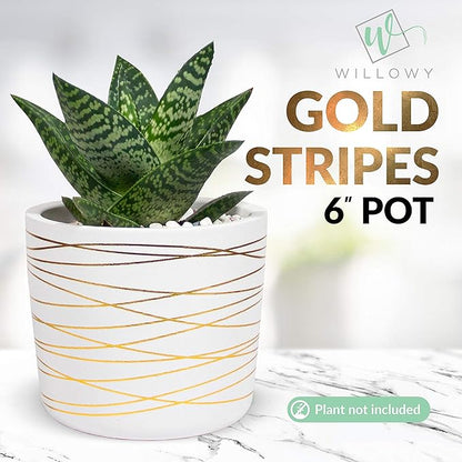 Willowy 6 Inch Ceramic Pot - Matte White with Gold Stripes - Drainage Plug Included