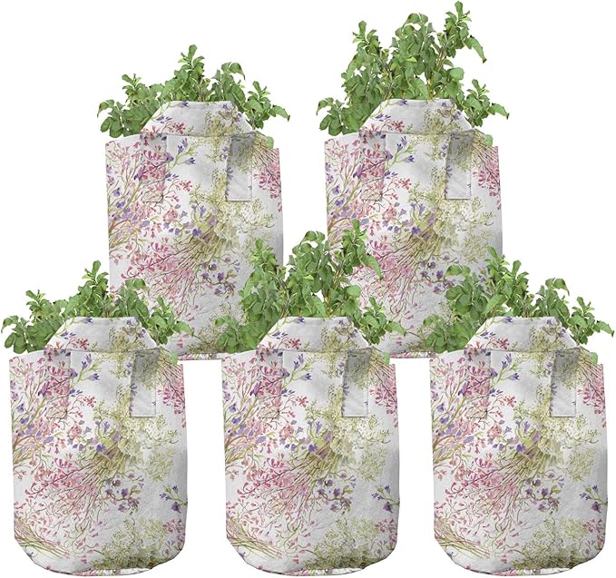 Ambesonne Abstract Grow Bags 5-Pack, Rhythmic Colorful Circles, Heavyduty Fabric Pots with Handles for Plants, Teal Pink