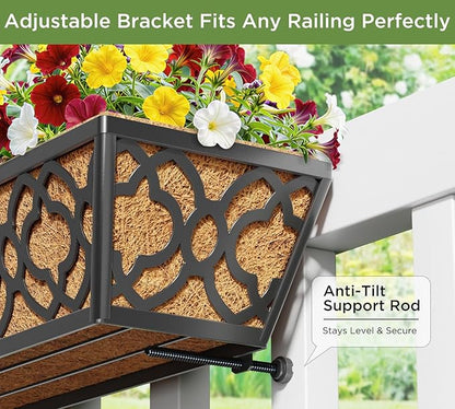 HFHOME 4 Pcs 30" Window Box Deck Railing Planter with Horse Trough Coco Liners, Black Metal Hanging Flower Planters Baskets for Indoor, Outdoor, Balcony, Porch, Fence, Patio, and Lawn