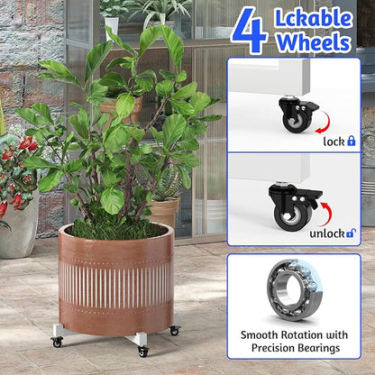 Plant Caddy with Wheels, Adjustable 14in to 21inch Heavy Duty Rolling Plant Dolly, Metal Plant Stand with 4 Lockable Caster Wheels, for Indoor Outdoor Pots Planter, Holds Up to 500 Lbs, White