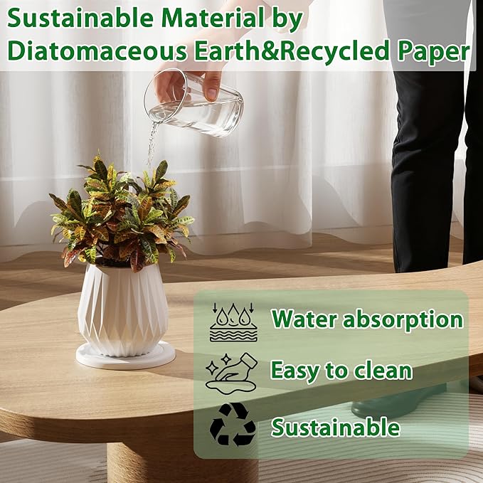 Plant Saucer Flower Pot Saucers Plant Trays for Pots Instant Dry Diatomaceous Earth Round Plant Drip Trays for Indoors Keeping Counter and Floors Dry and Clean (2Pcs White Small)