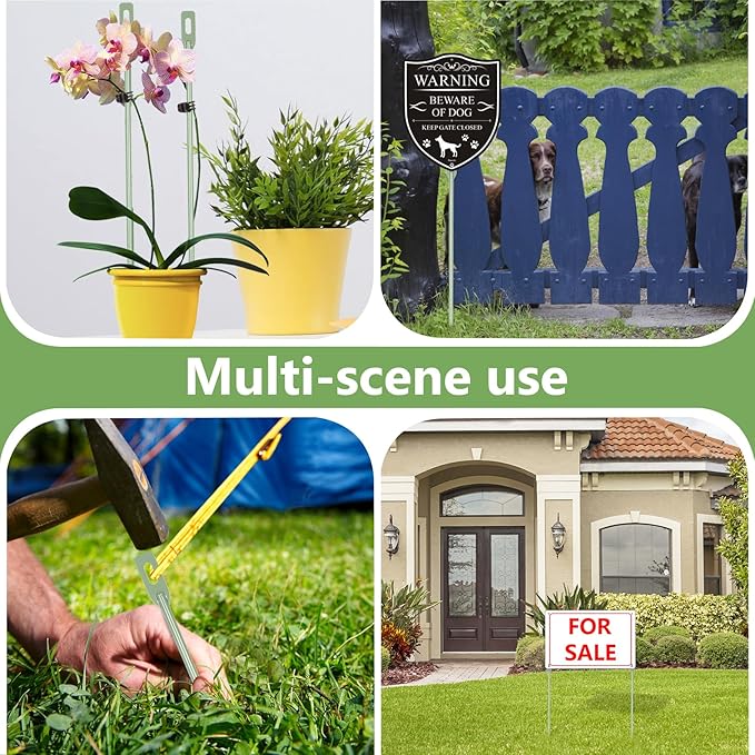 2 Pack Yard Sign Stakes Metal, 16.5" Long 0.3" Thick, Plant Support Stakes for Indoor & Outdoor Plants, Sign Poles Stakes, Tent Stakes for Outdoor Camping, Easy to Install - Green