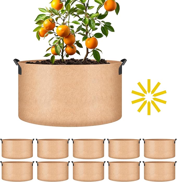iPower 10-Pack 15 Gallon Aeration Grow Bags Thick Nonwoven Fabric Pots with Handles, for Fruits, Vegetables, and Flowers, Tan